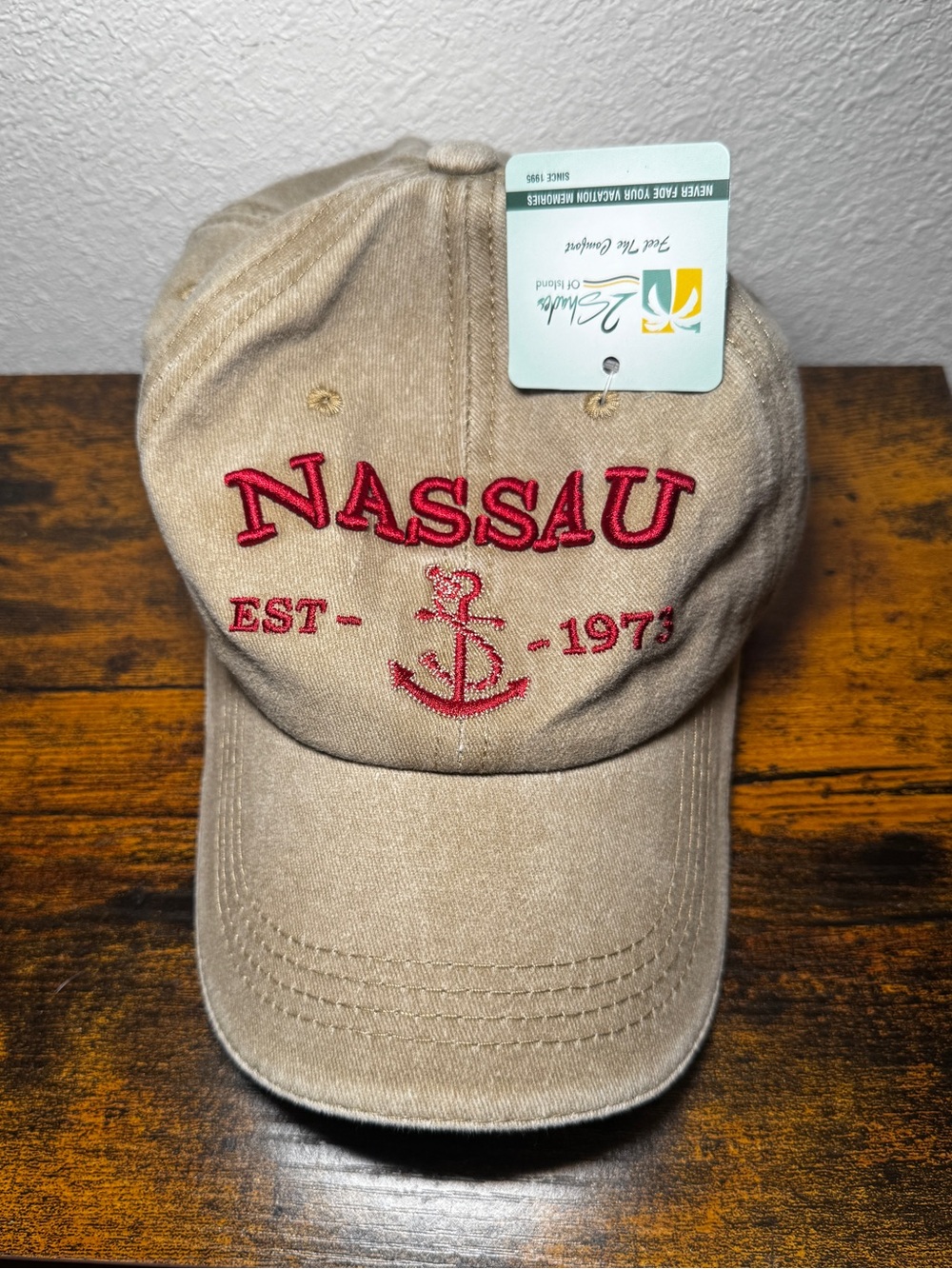 NWT Nassau Bahamas Est 1973 Embroidered Dad Hat Cap Khaki Tan 2 Shades of Island